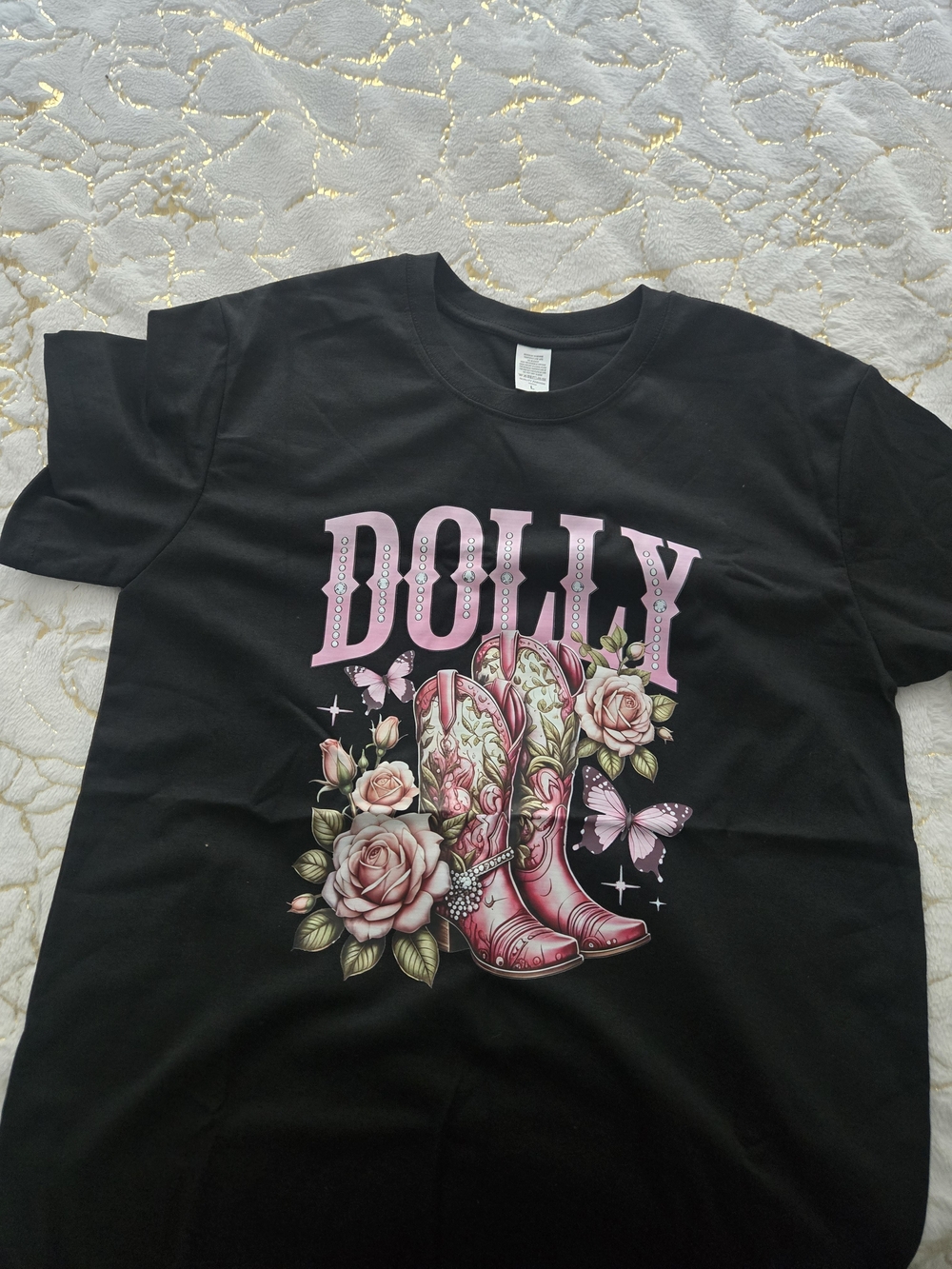 Dolly Black Tee with Pink Boot & Rose Graphic
